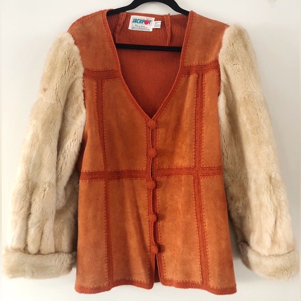 Rare 70s Vintage Boho Plus size Suede Crochet Fur Jacket - Picture 11 of 17